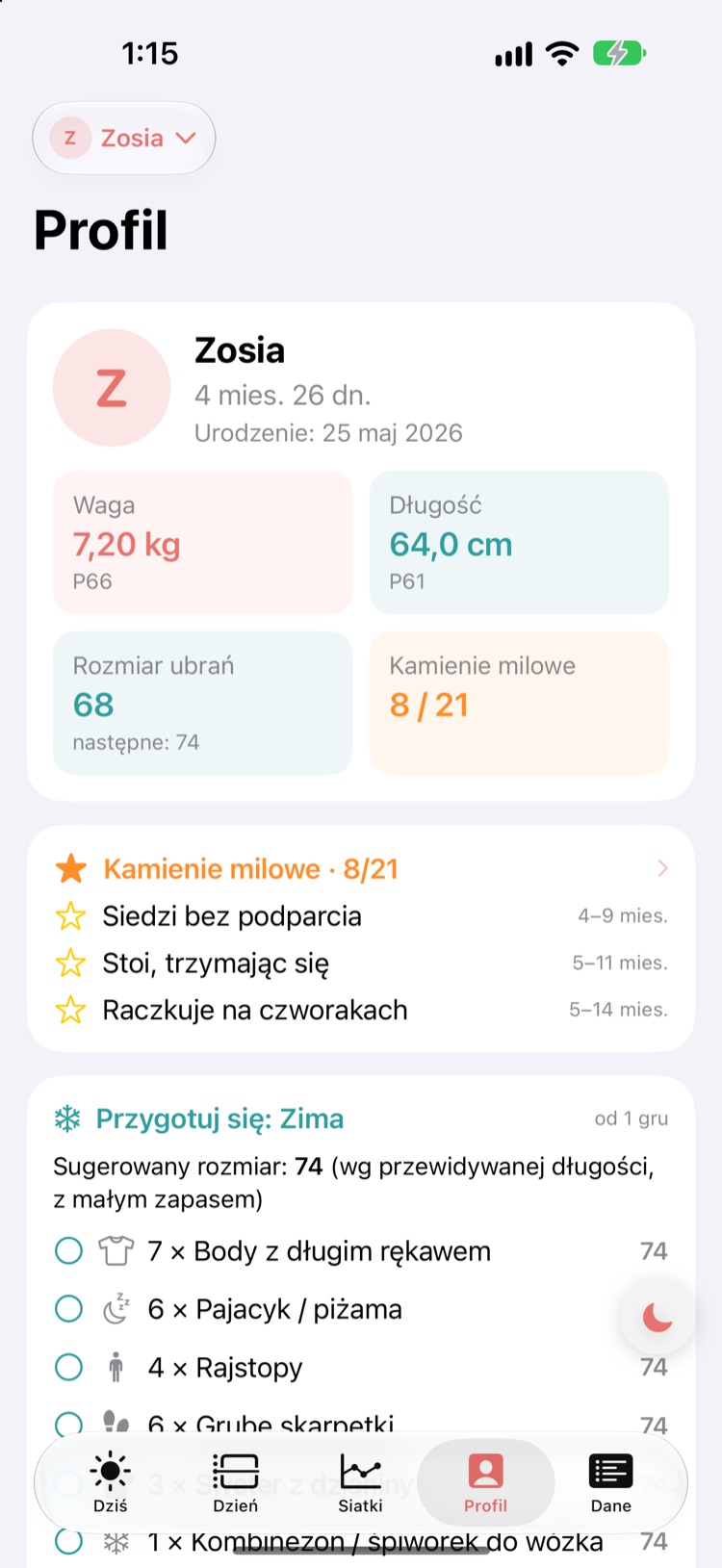 Profil: kamienie milowe, ubrania