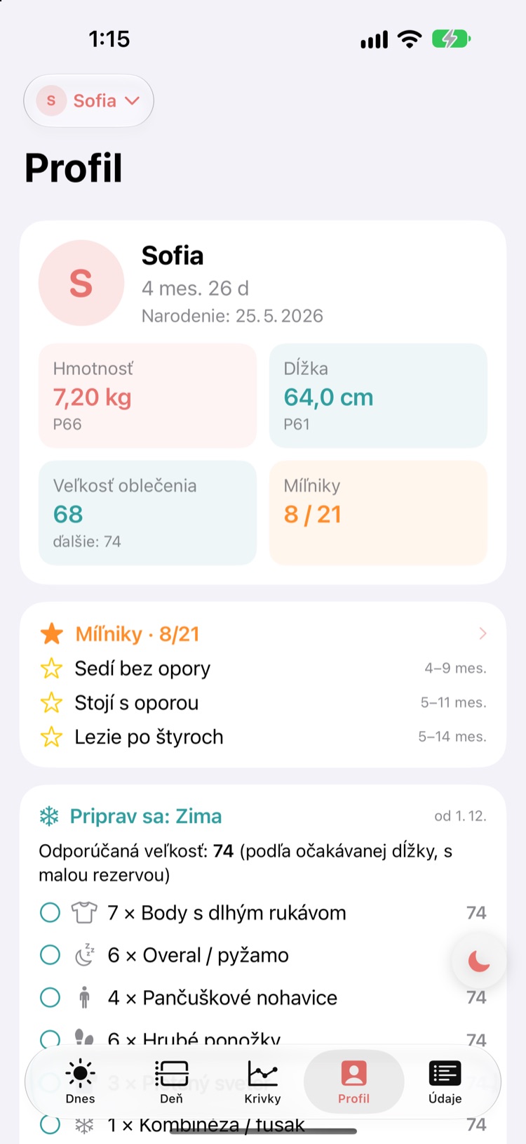 Profil: míľniky, šatník